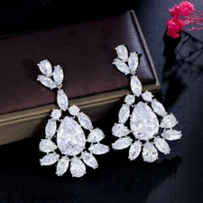 Sparkling White Cubic Zirconia CZ Silver Plated Long Leaf Drop Bridal Earrings