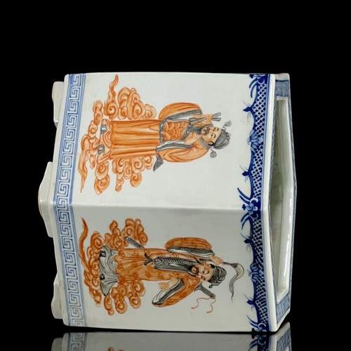 Qing Porcelain HandPainted Blue&white Alum red Eight story Immortals Brush Pot - Picture 8 of 9