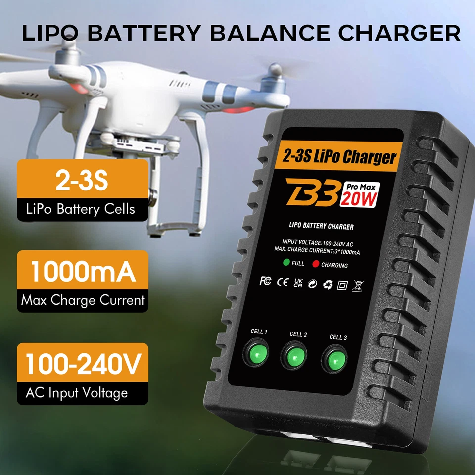 HTRC Lipo Ladegerät für 2-3S Lipo Akkus(7.4V-11.1V), 20W RC Ladegerät, Balancer - Bild 3 von 4