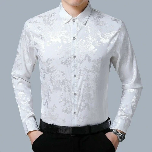 Men Silk Satin Flower Dress Shirt Fit Business Formal Long Sleeve Loose Top New - Picture 2 of 17