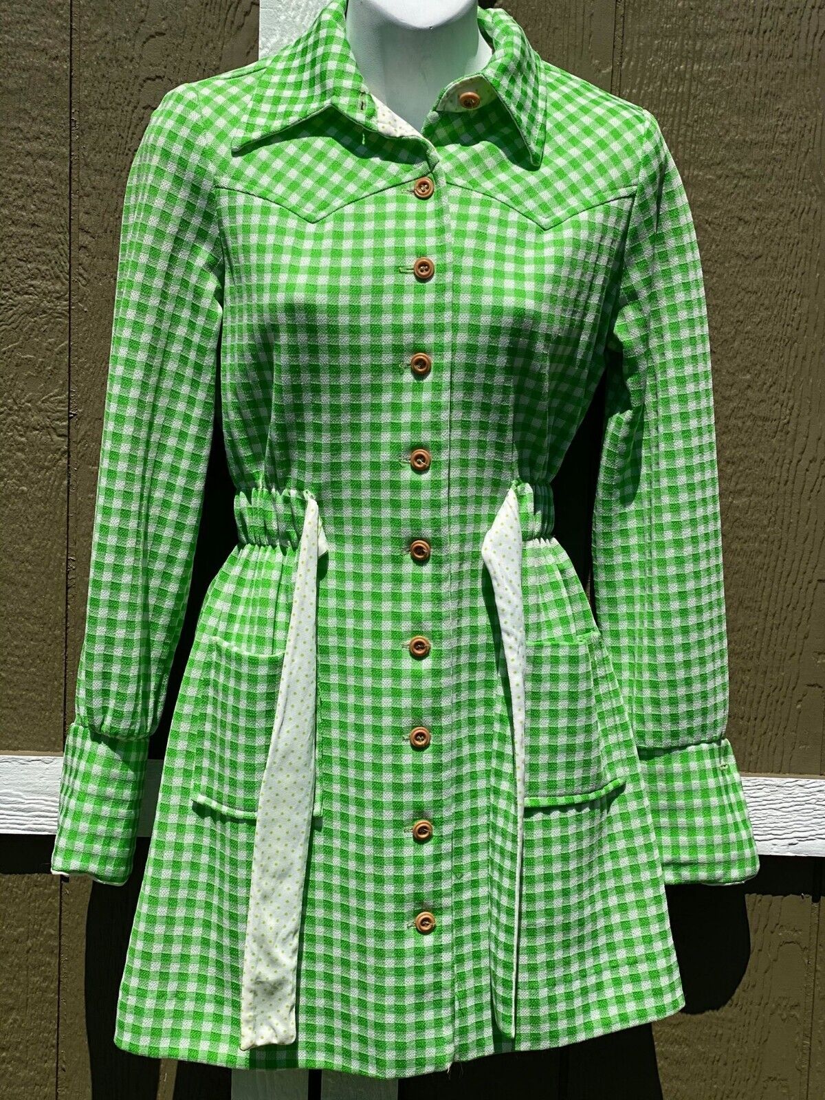 vintage 60s 70s green gingham Mini Dress - image 2
