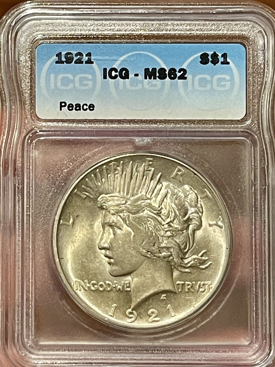 1921 U.S. Silver Peace Dollar $1 MS62 90% Silver ICG graded