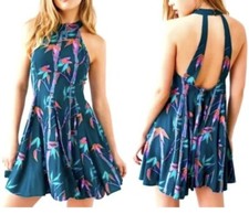 Kimchi Blue Halter Open Back Tropical Floral Print Mini Dress XS Deep Teal Green