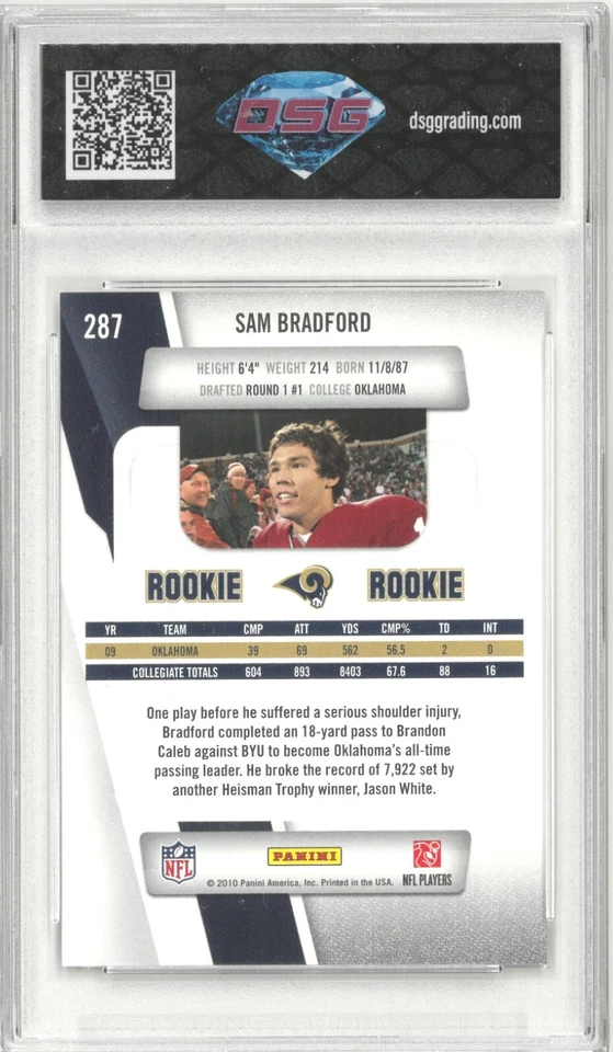 2010 Panini Prestige SAM BRADFORD #287 Rookie Rc 💎 DSG 10 Gem Mint - Image 2 of 2