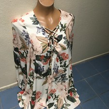 SHOW ME YOUR MUMU Ivory Floral Lightening Bird Lace-up Lined Tunic  Womens L NEW