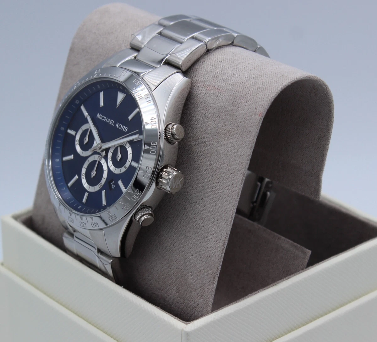 NEW AUTHENTIC MICHAEL KORS LAYTON SILVER NAVY BLUE CHRONOGRAPH