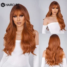 Red Brown Copper Long Natural Wavy Synthetic Wigs for Women Fake Hair With Bangs