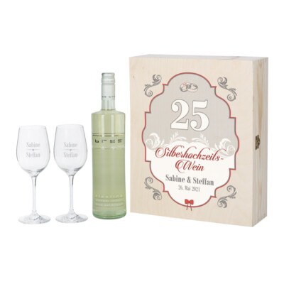 Leonardo Geschenkset Silberhochzeit | 2 gravierte Gläsern & BREE Riesling