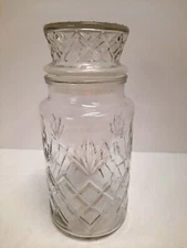 Vintage 1983 Planters Mr. Peanut Clear Glass Canister Jar W/Lid Diamond Design