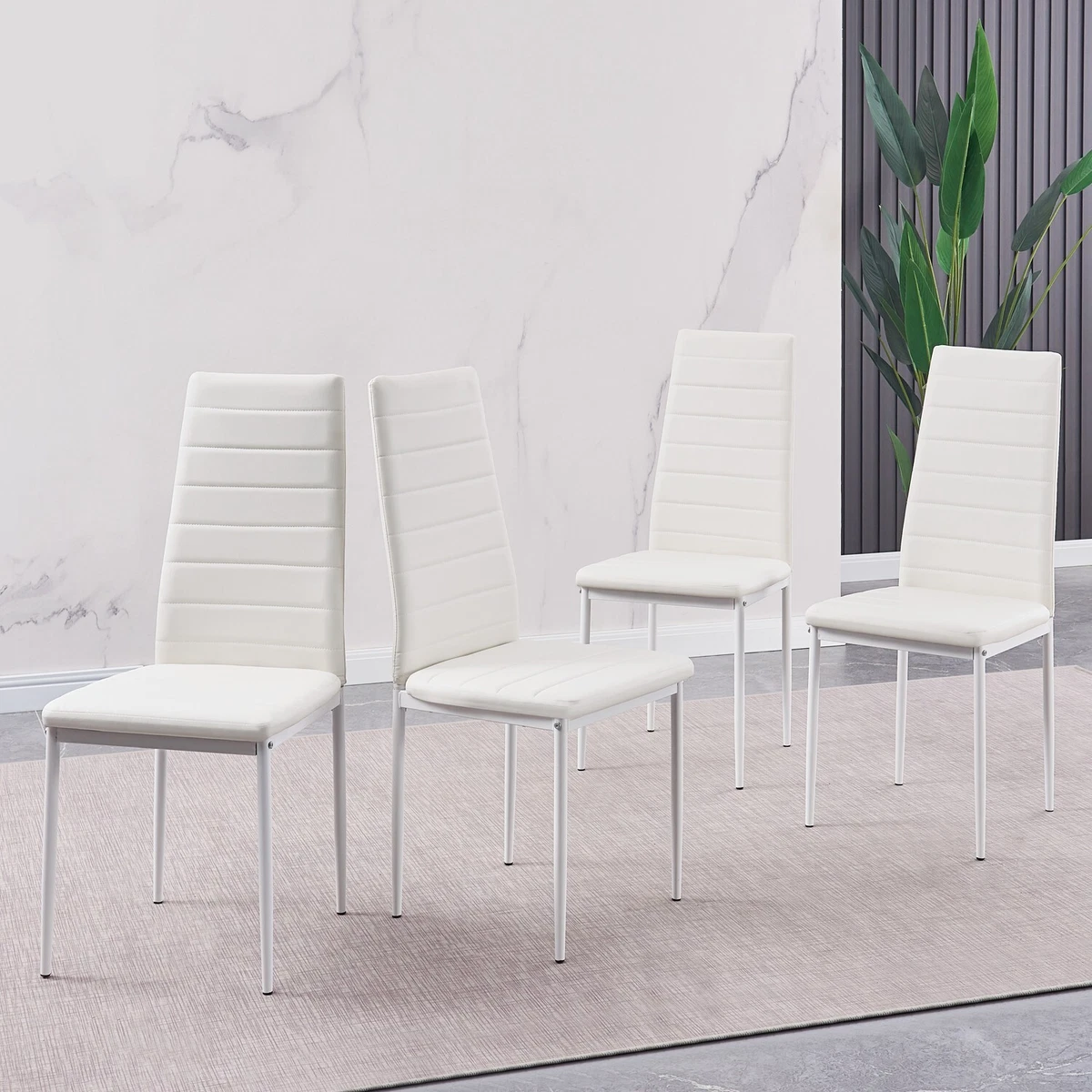 4pcs White Faux Leather High Back Dining Chairs Metal Legs Dining