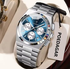 POEDAGAR Men's quartz wristwatch, blue dial, chronograph, stainless steel strap.