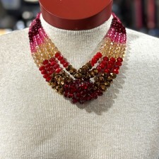 Red Pink Gold Glass Faceted Beads Necklace Twisted Multi Strand Erica Lyons
