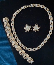 Elegant Signed Hobe Gold & Rhinestone Parure Necklace Bracelet Clip Earrings