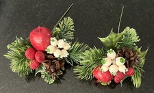 2 Vintage Christmas Floral Pick Pinecone Leaves Fruits     