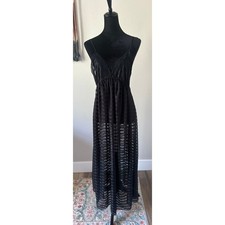 VINTAGE LILY OF FRANCE Sheer Striiped Lace Trim Backless Maxi Nightgown Size M