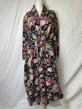 Vintage Victoria's Secret Black Floral Rayon Long Robe Size M/L Gold Label