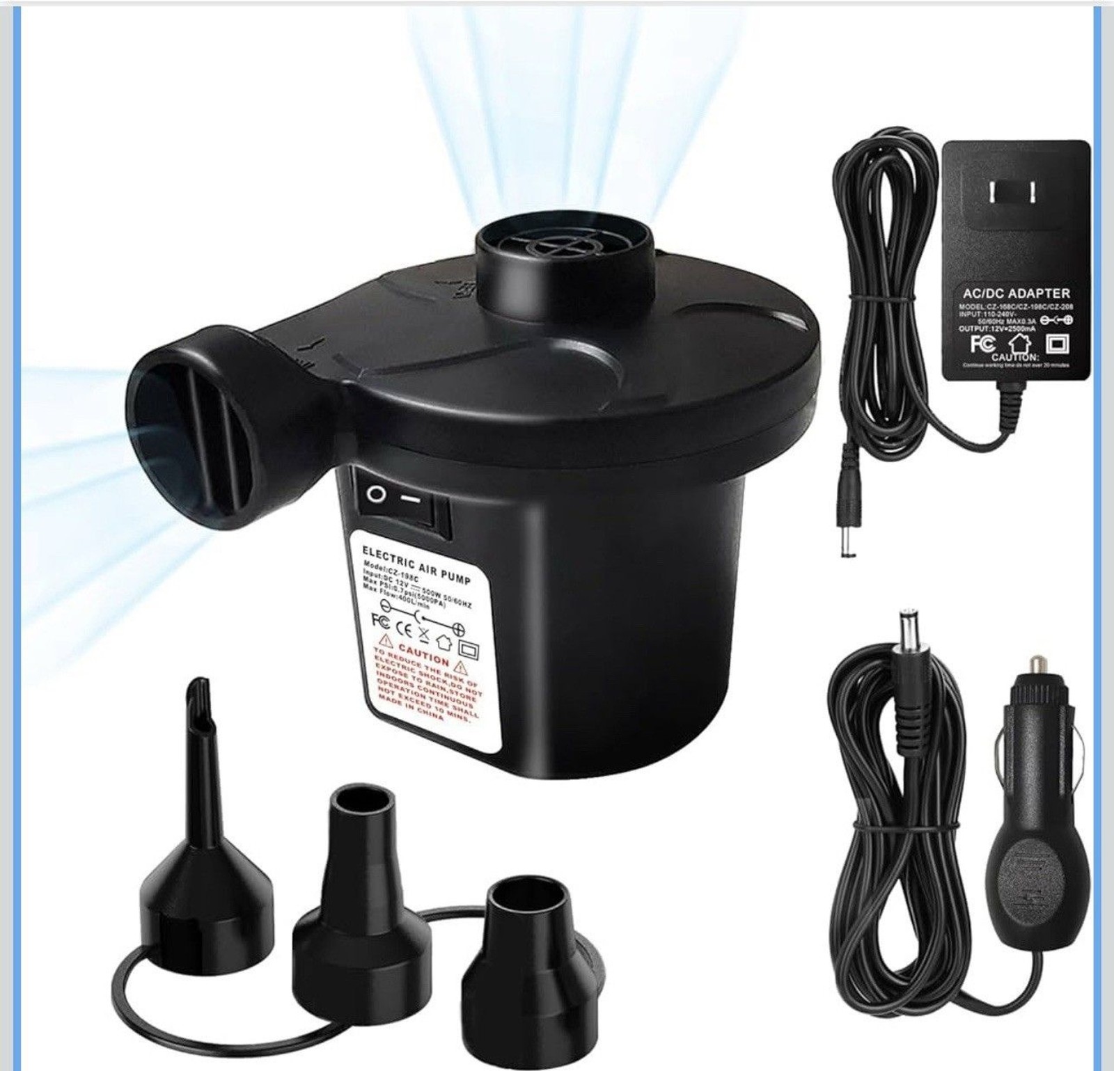 Air Pump for Inflatables - Electric Air Mattress Pump with 3 Nozzles