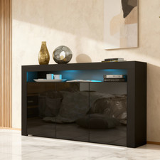 155cm Sideboard Black Matt & Black Gloss Doors | LED Shelf | Modern Design