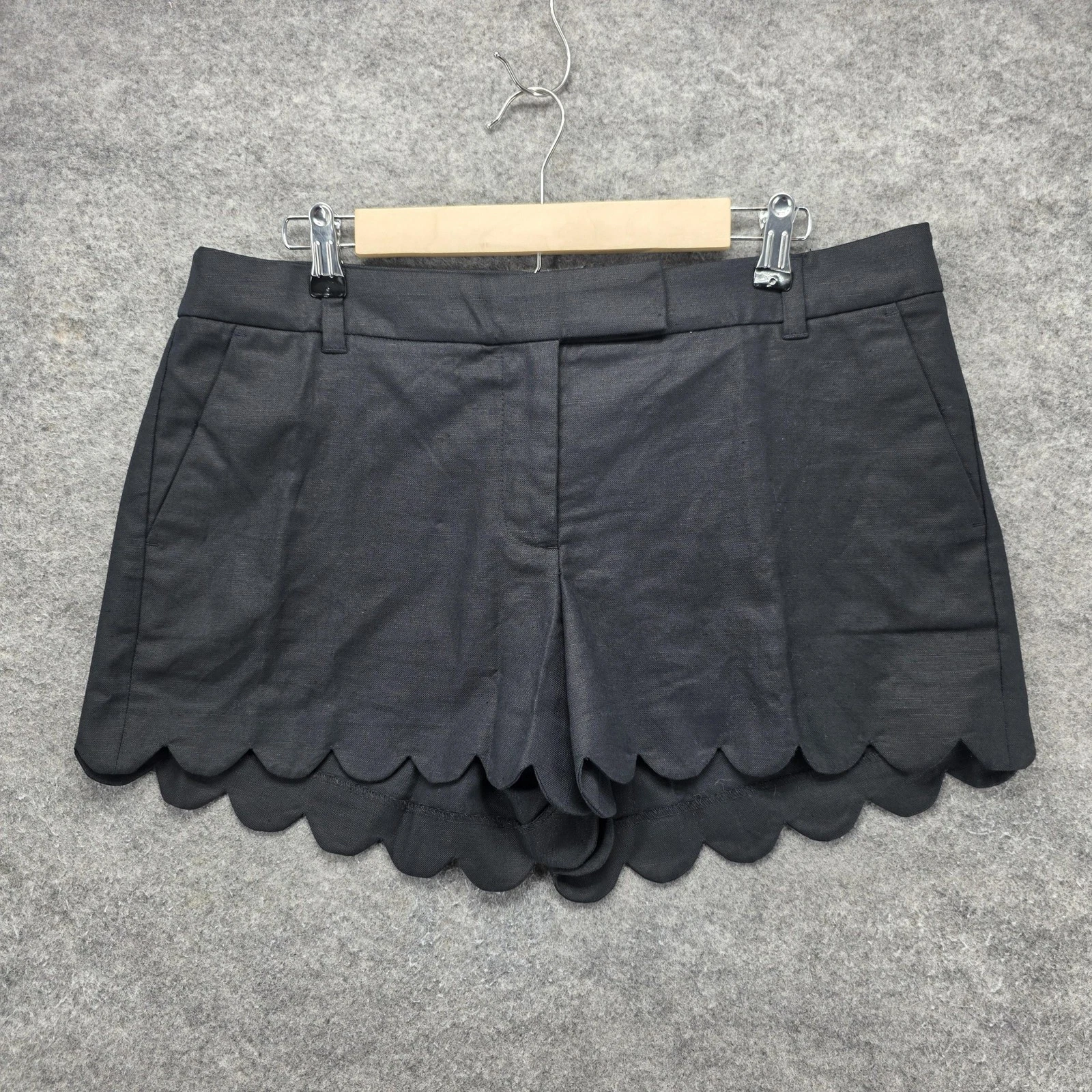 J.CREW Shorts Womens 12 Black Chino Scalloped Linen Cotton Pockets 3.5 Inseam