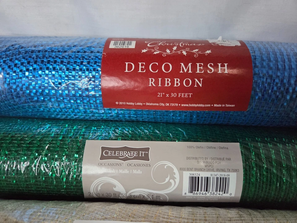 Lot of 9 Christmas Deco Mesh Ribbon(3) 21" Rolls & (6) 5.5''Roll Green Blue Gold - Image 3 of 4