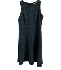 Ann Taylor Loft Womens Size 0 Black Dark Teal Damask Moroccan Fit Flare Dress