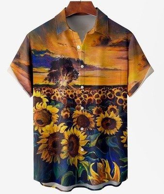 Men's Sunflower Floral Print Moisture Wicking Fabric Fashion Lapel Short Sleeve