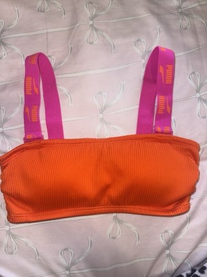 PUMA Orange Pink Sports Bra Logo Accents Pullover Wireless Activewear Women