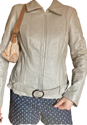 Y2K Style Vintage Cache Metallic Grey Lambskin Leather Jacket with Belt