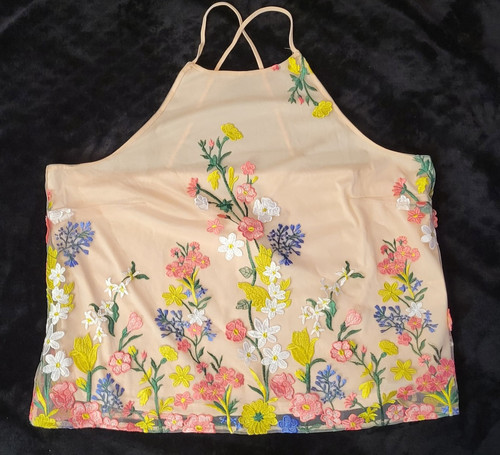 Woman's New York & Company Sleeveless Halter Neck Embroidered Flowers Tank Top - Picture 1 of 5