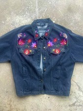 Vintage Carole Little Sport Black Denim Jacket Floral Embroidered Button Sz 16