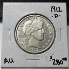 1912 D Silver Barber Half Dollar AU Coin Type Coin