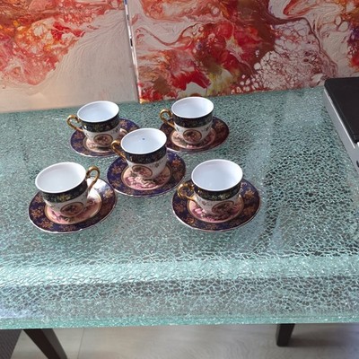 Italian Desing Porslain Floral Porcelain 5-Piece Cup & Saucer Set Blue Gold