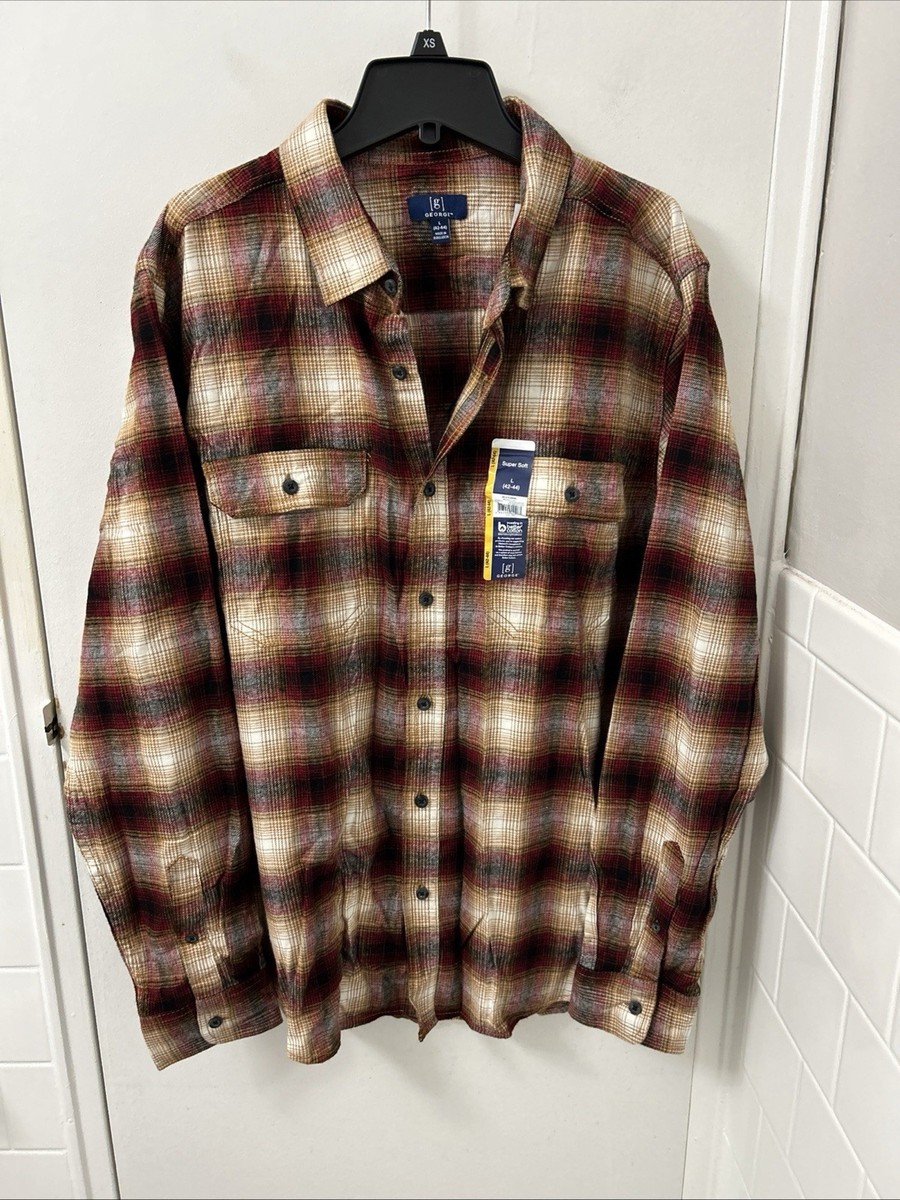 GEORGE Flannel Shirt Mens Sz Large Brown Plaid Button Down Long Sleeve