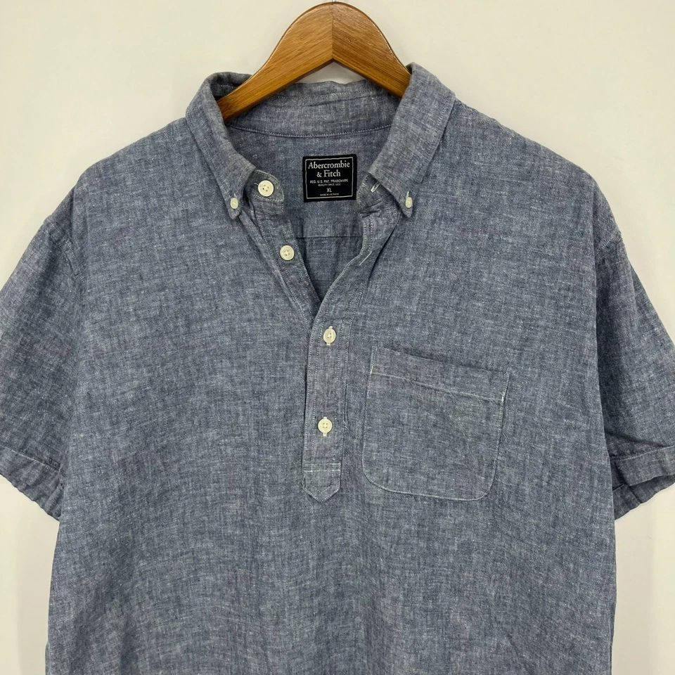 Camisa de manga corta con botones Abercrombie & Fitch para hombre XL azul cambray mezcla de lino Foto 2 de 4