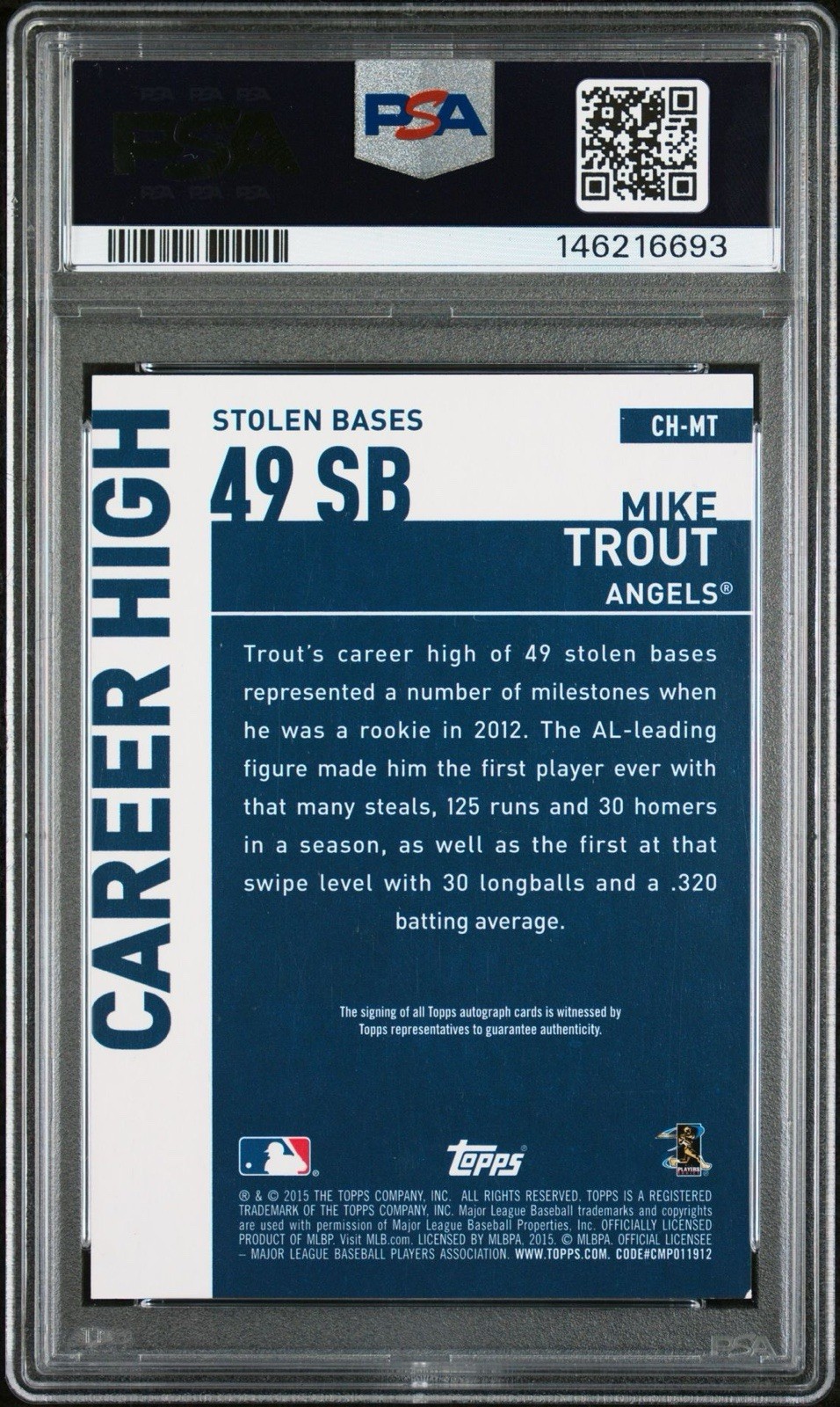 2015 Topps Auto 10 PSA Mike Trout view 2