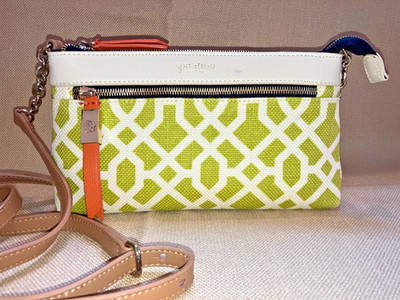 Spartina 449 Linen & Leather Trim Crossbody Purse EUC Lime Green & Ivory Lattice
