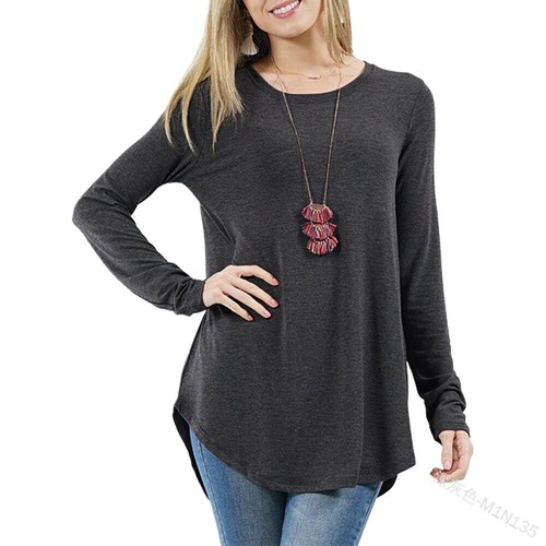 Solid round neck long sleeved T-shirt with irregular round hem top for women - Imagen 1 de 25