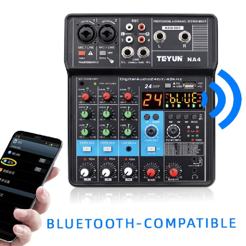 4/2 Channel Mini Audio Mixer Bluetooth USB DJ Console + Sound Card Studio Mixer - Image 3 of 4