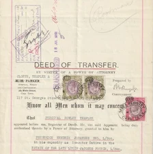 1921 South Africa Deed of Transfer with Selection fine Used KGV Union Revenues.