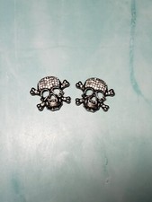 SKULL CROSS BONE Rhinestone Silver Conchos Screw Back 2"x1.5" Skeleton Set Of 2