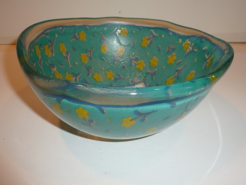 Andreas Meyer Ciotola in Vetro Artistico, Blu-Verde con Fiori Gialli - Foto 1 di 6