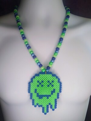 Blue Green Smiley Face Perler Bead Kandi  Necklace-EDC-RAVE-FESTIVAL-PLUR-EDM
