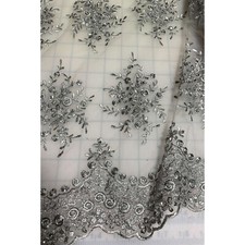 Silver Floral Beaded Embroidered Tulle Lace Fabric