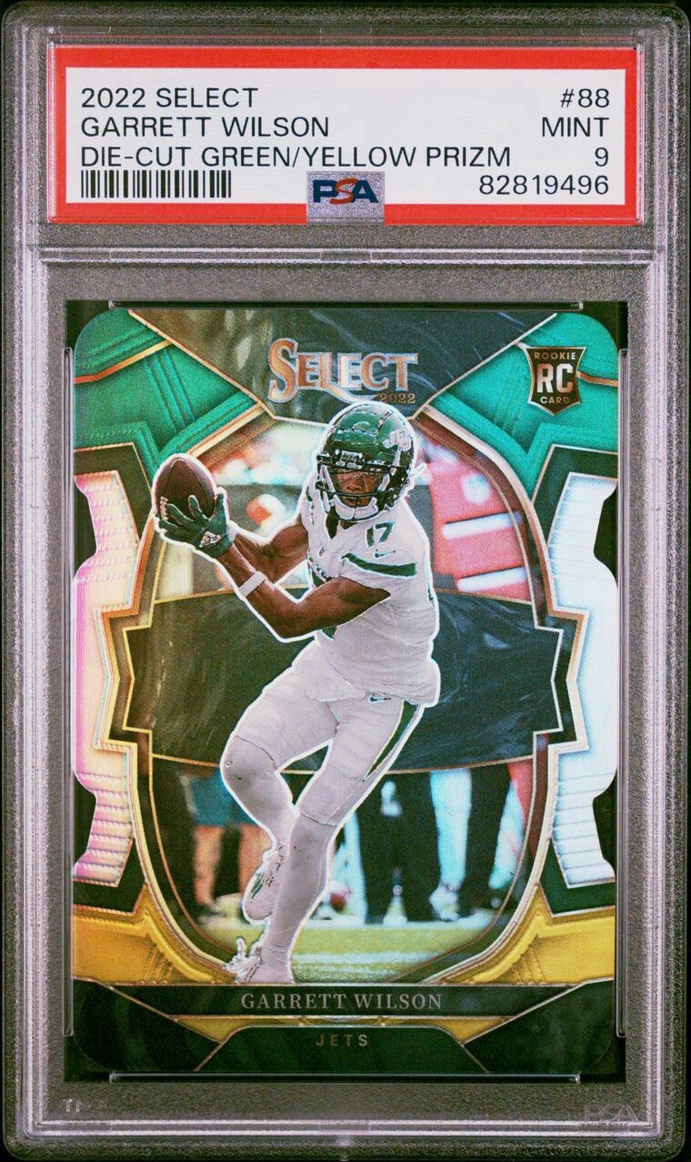 2022 Select Garrett Wilson RC Concourse Die Cut Green & Yellow Prizm #88 PSA 9