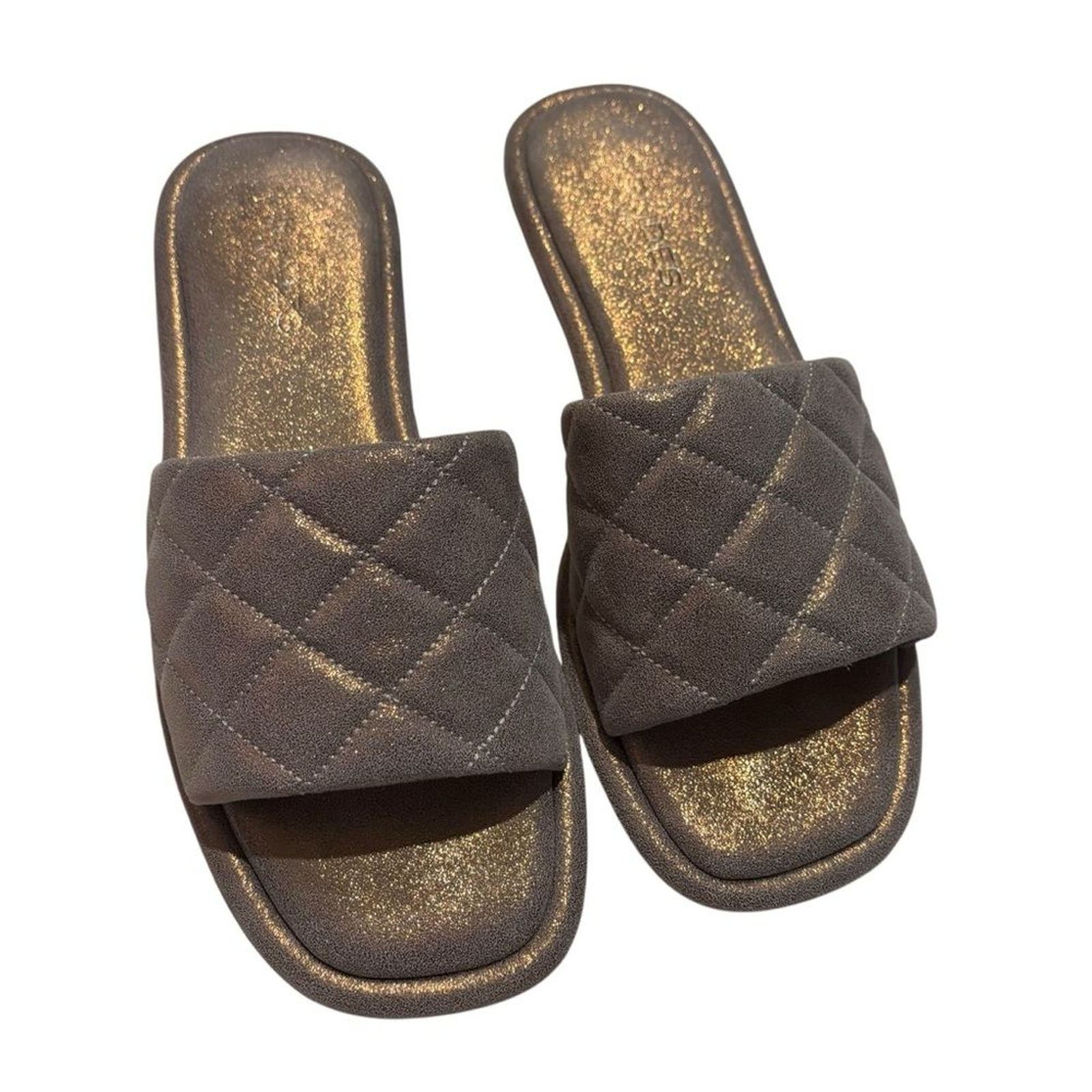 J/Slides Women's Quilted Bronze Metallic Iridescent Slide Sandals - 7.5