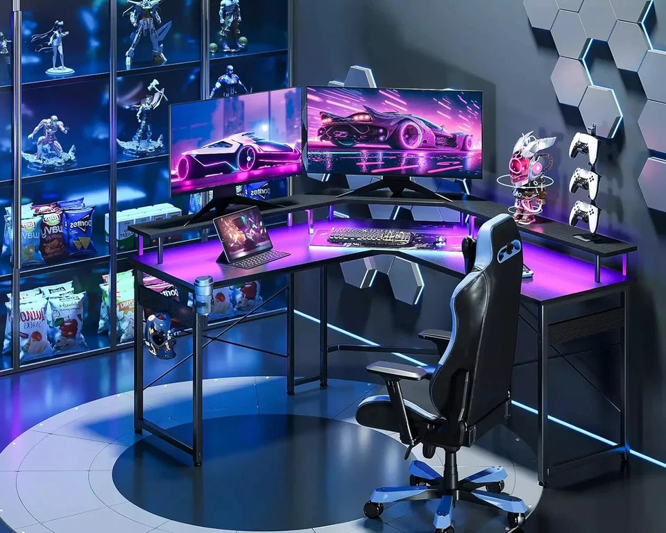 Gaming Schreibtisch Mit LED Gaming Tisch Mit 2 Steckdosen Und 2 USB Ladeanschluß - Bild 2 von 4