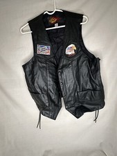 Vintage PNC Leather Lace Up Vest Black Biker Jacket Made In USA With Patches