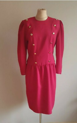   BETTY BARCLAY Vintage Midi Kleid Schurwolle Militär Stil Rot Goldknöpfe 38 40