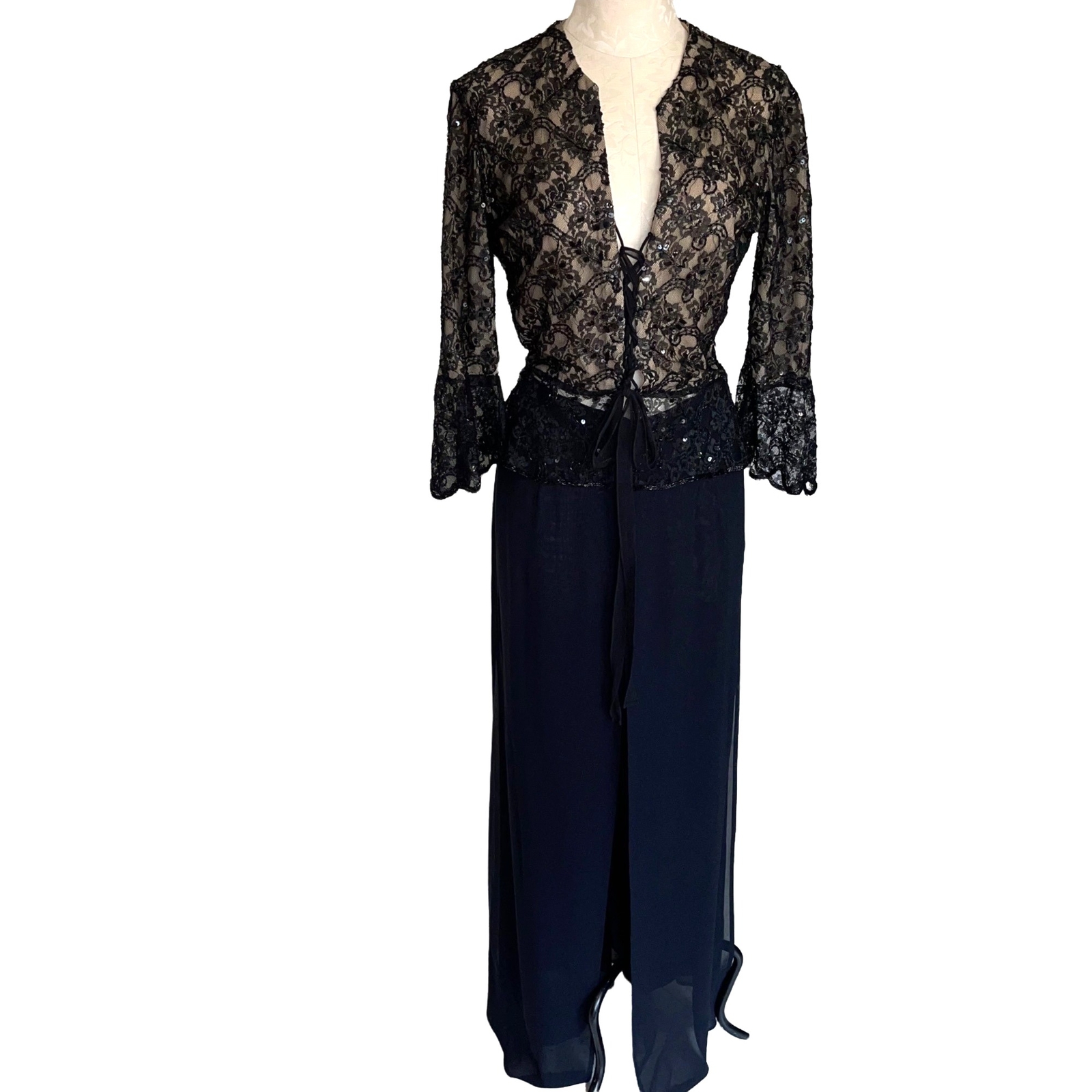 Cache Top Pants Set Womens Vintage Size Medium Black Rayon Nylon Lace Corset 90s