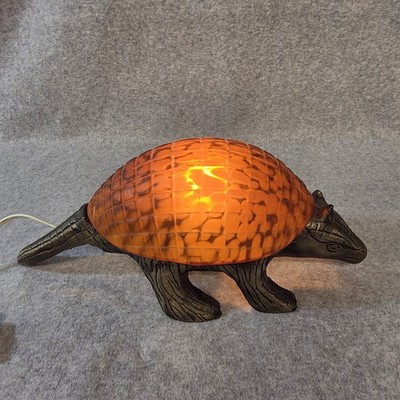 Vintage Amber Colored Glass Armadilo Table Lamp Night Light Cast Iron Body